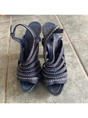 Miu Miu Navy Blue Leather Strappy High Heel Sandals With Stitch Detail 6-Inch